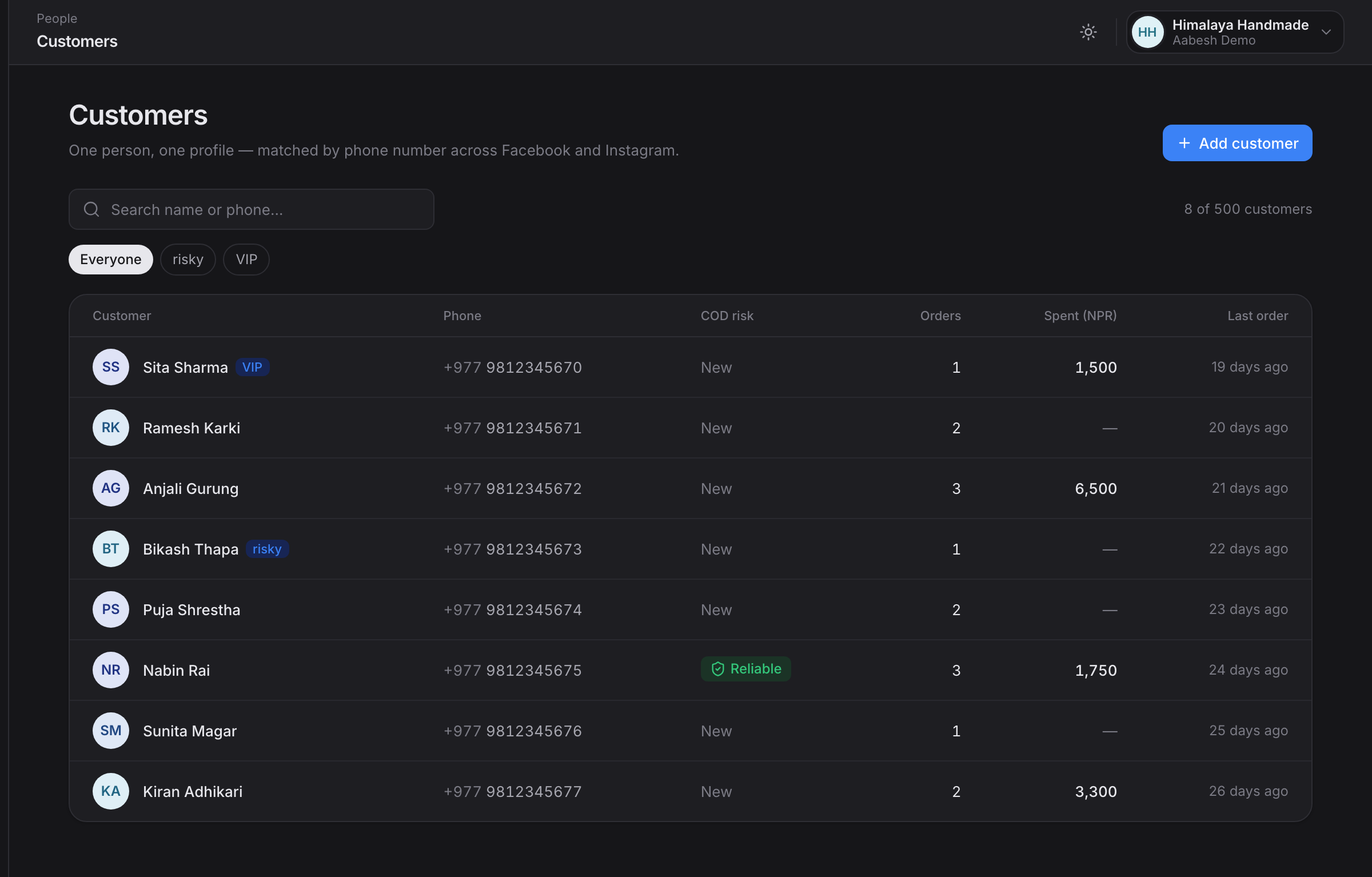 DokaanDM customer CRM showing order history, total spent and cash-on-delivery risk